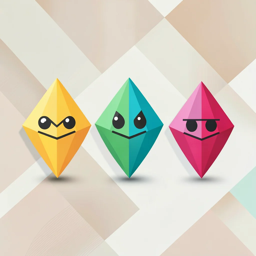 Flat vector squad portrait of five gem characters with different colors and shap