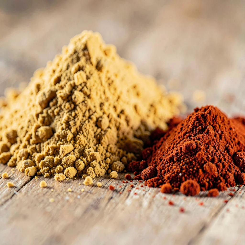 Macro 2:3 of a mound of turmeric powder beside a mound of paprika