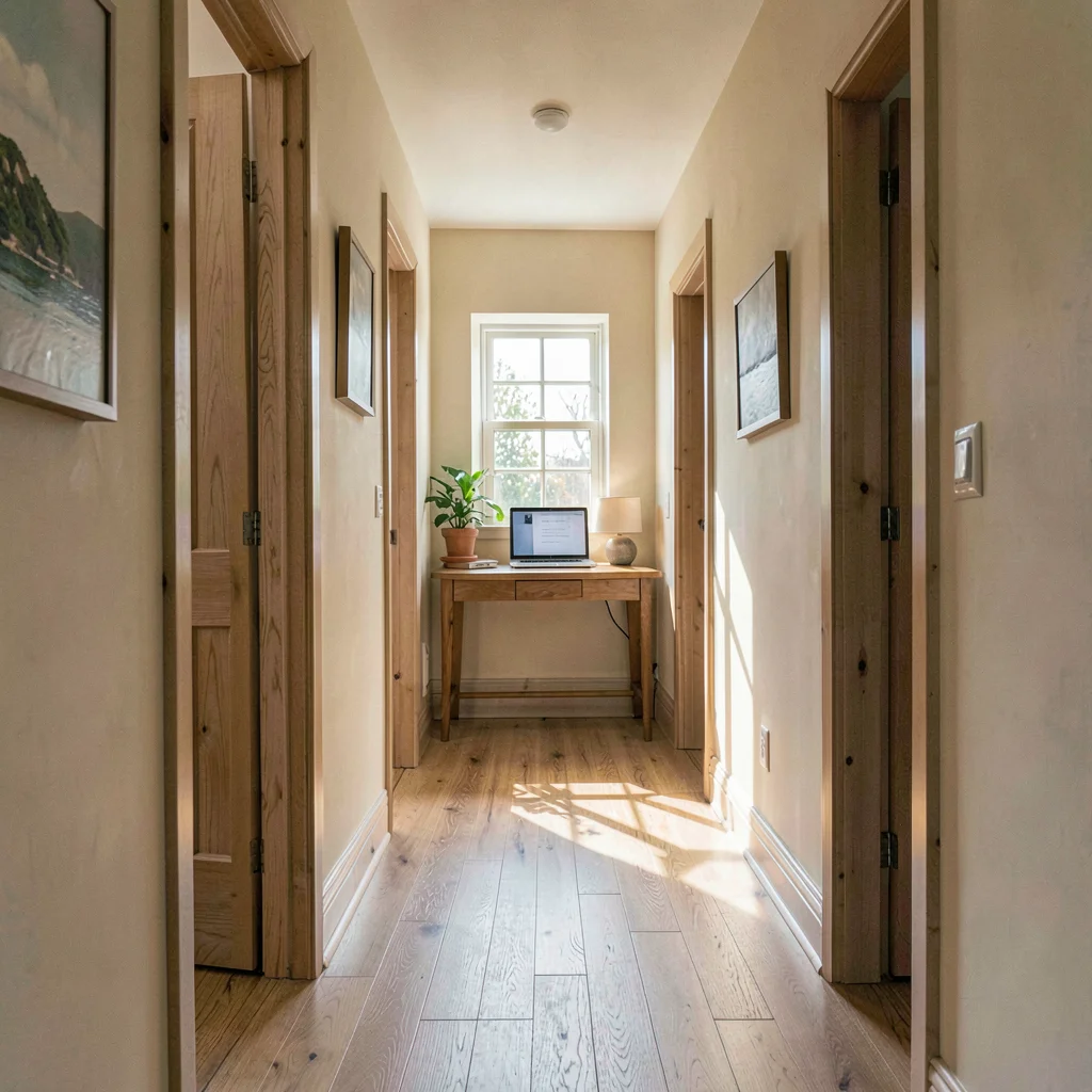 Vertical sunlit hallway leading into a small content-shoot room