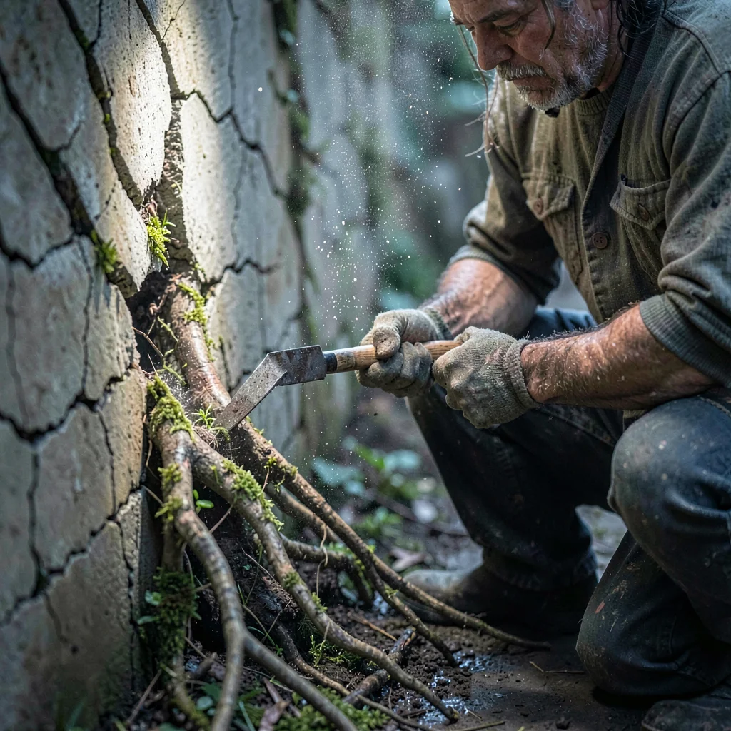 A brawny root-mason kneeling beside a fissured wall, mossy roots pried apart by 