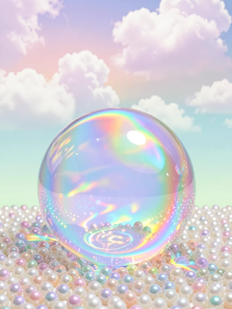 Oversized translucent jelly orb hero resting on a pearl floor with cumulus paste