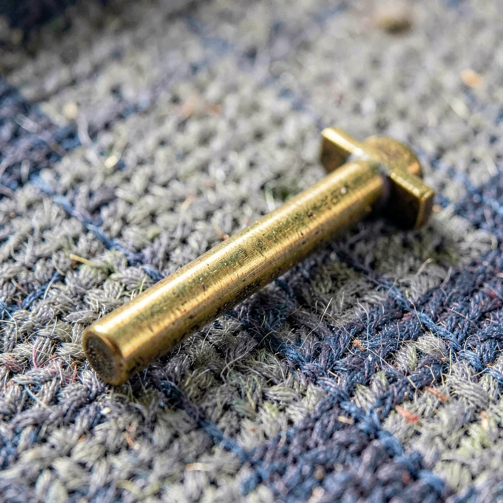 Macro of a drum key on a felt cloth with brass shine