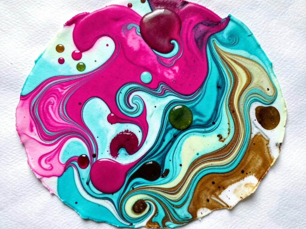 Freestyle marbling with dramatic color: hot pink dropped into turquoise, uncommb