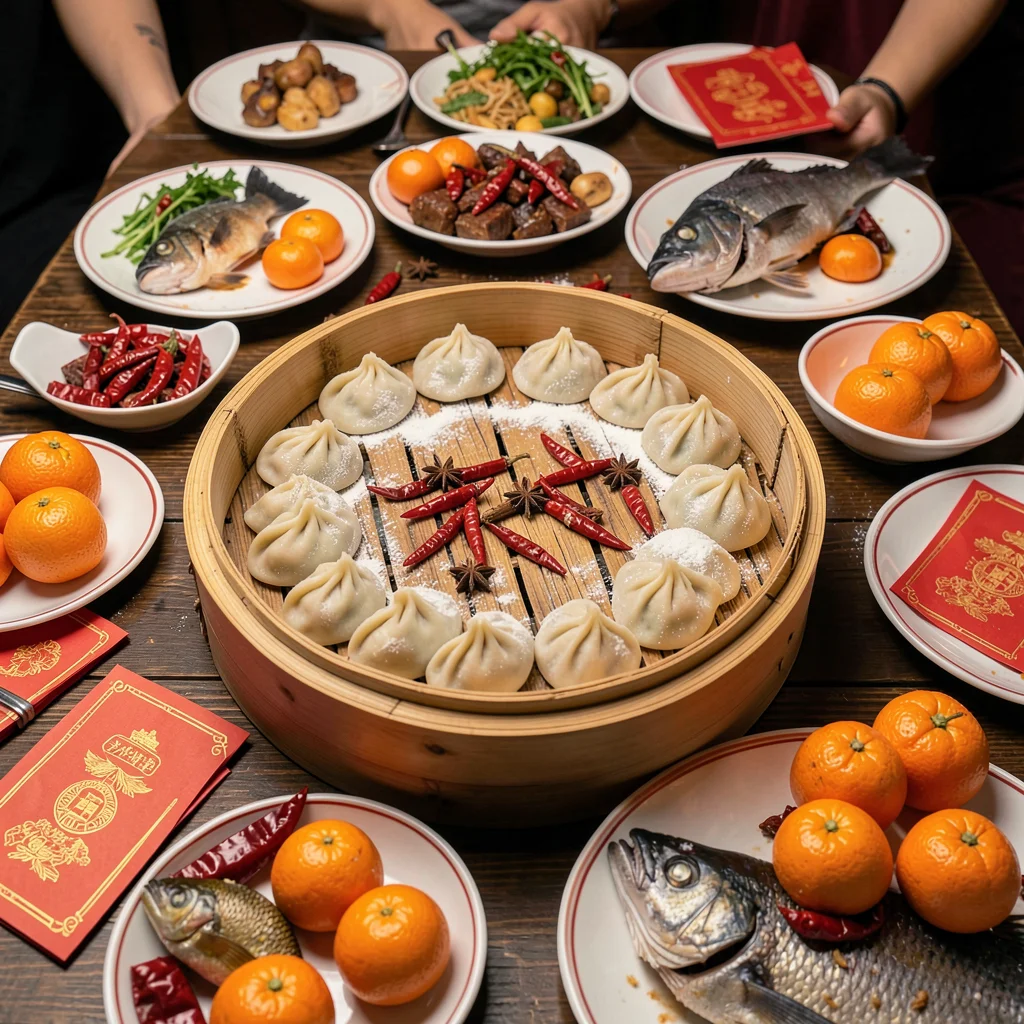 Dumplings Arranged in Bamboo Steamer Overhead