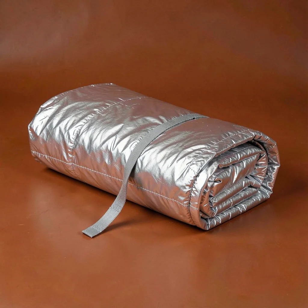 single rolled aluminium portable picnic-blanket at three-quarter angle on a satu