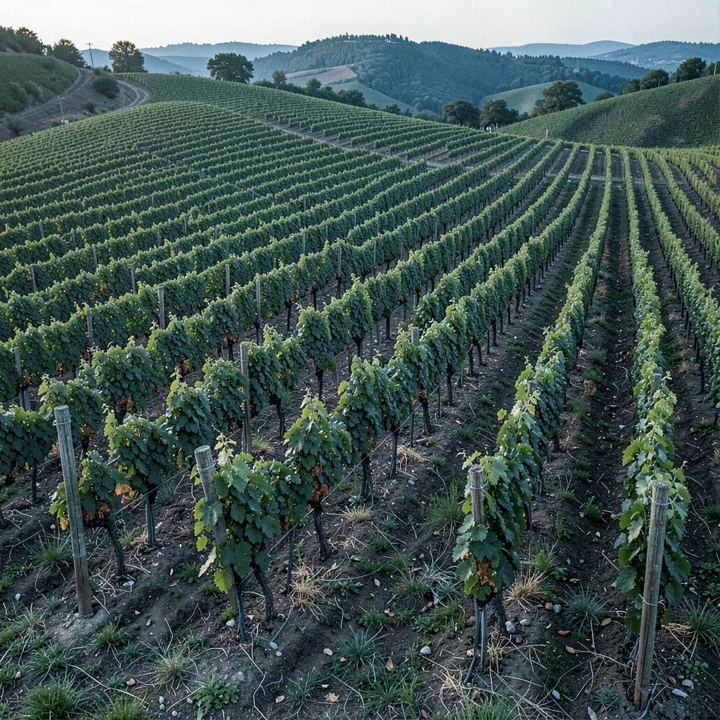 Precise geometric composition, industrial clarity, Vineyard rows photographed fr