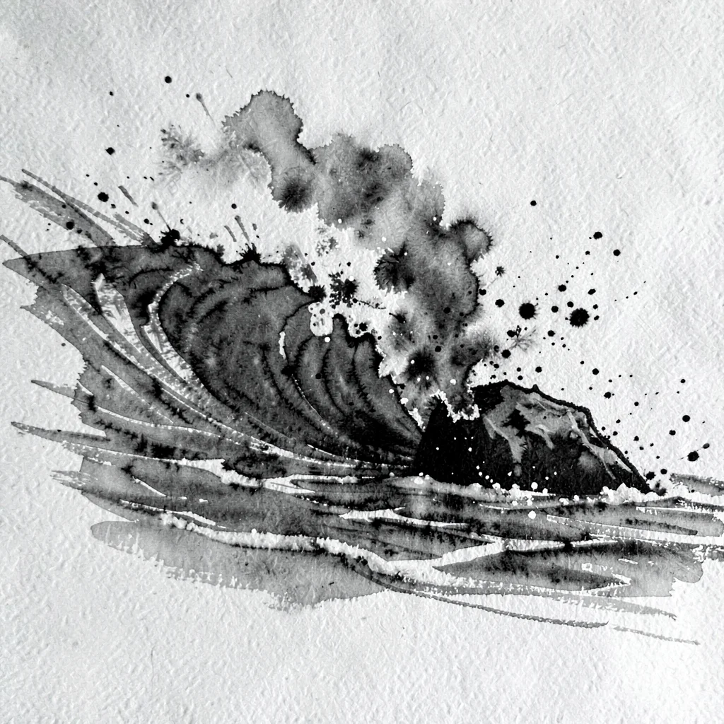 Charcoal sketch of a wave breaking against a tidal rock, kinetic black smudges o