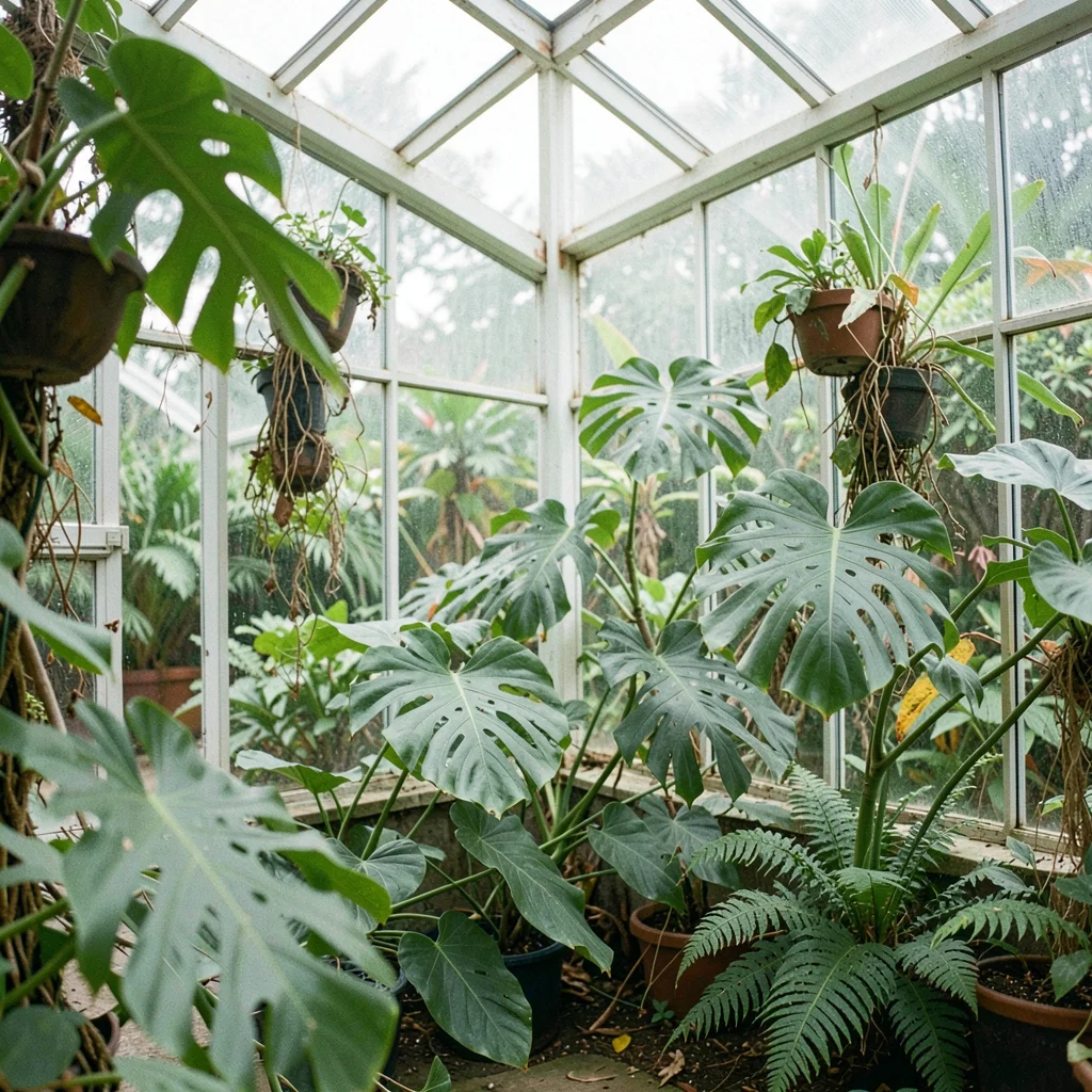 lush green corner of a tropical glasshouse with monstera leaves