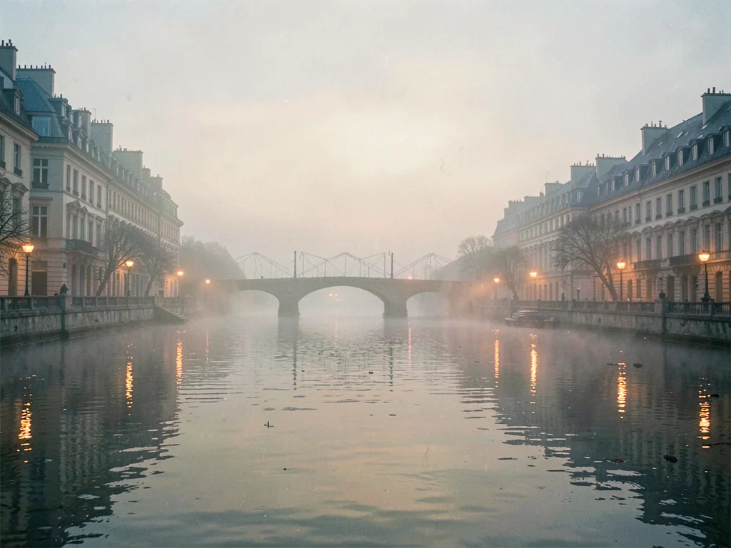 Quay lights reflecting on mist-shrouded water