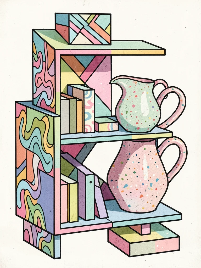 Blender with Carlton bookshelf energy, stacked geometric shapes, pastel terrazzo