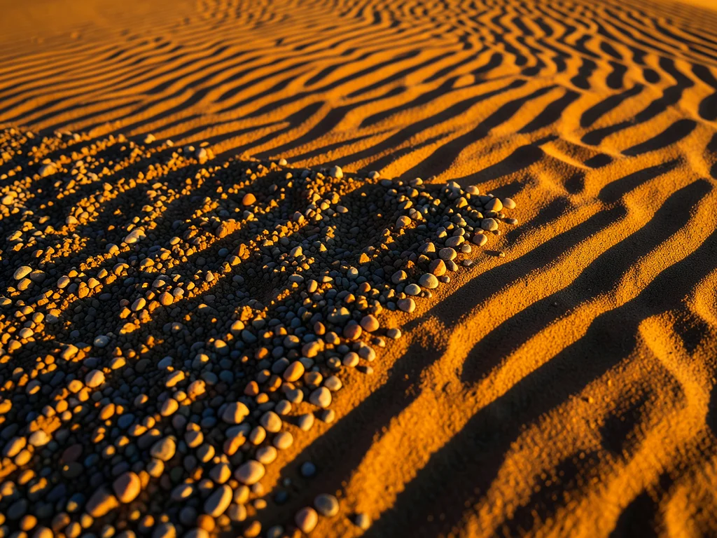 Desert pavement surface, tightly packed pebble mosaic left behind after wind rem