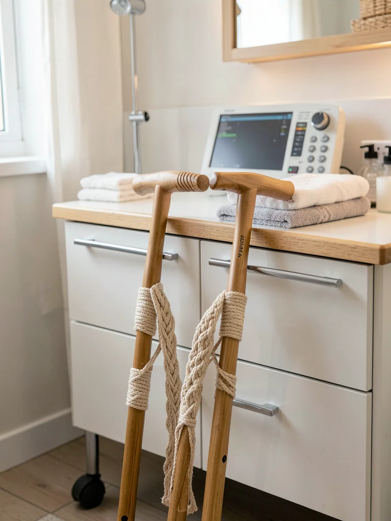 Crutches wrapped in macrame, wooden handles, injury support meets bohemian comfo