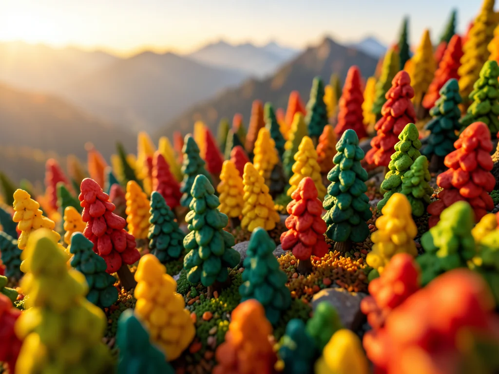 Autumn forest from mountain peak, tilt-shift, toy-like colorful trees
