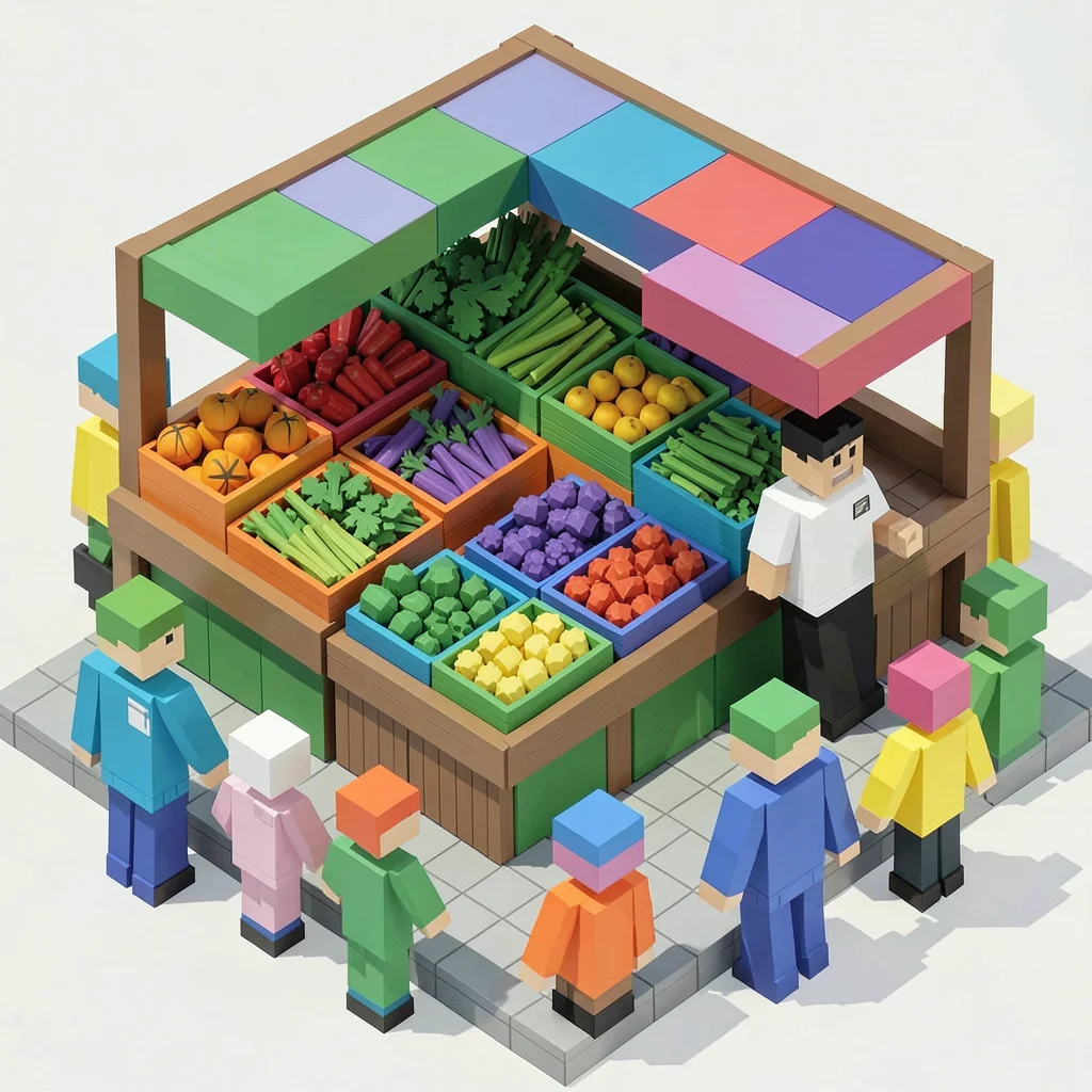 A market stall with cube fruit and vegetables in colorful rows, a vendor figure,