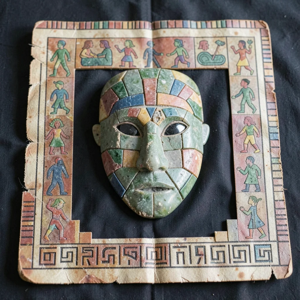 Jade mask displayed on dark cloth, frontal view, stone mosaic inlay catching lig