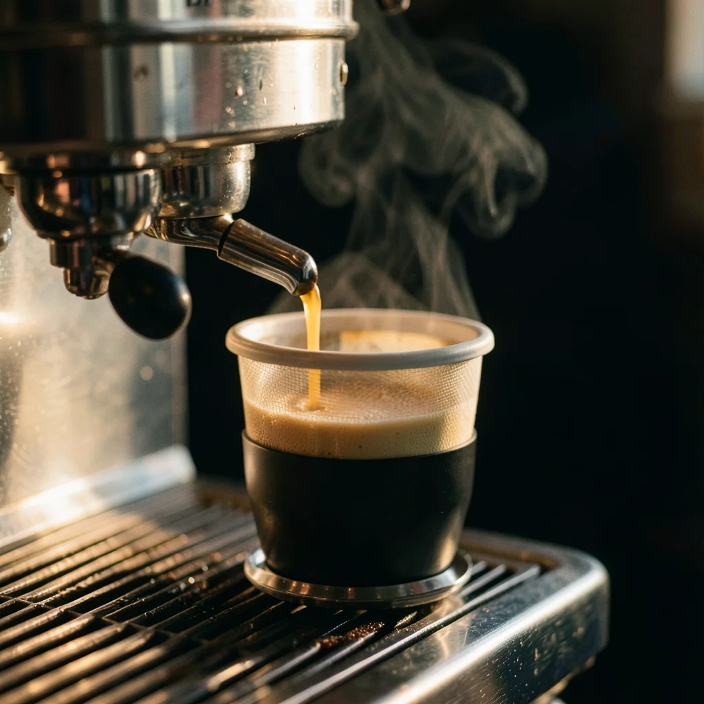 An espresso machine group head close-up, water just beginning to emerge, the nak