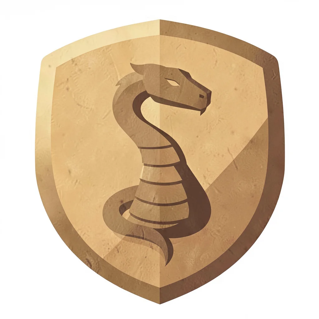 Flat geometric faction crest of a desert serpent on rounded shield, ochre and br