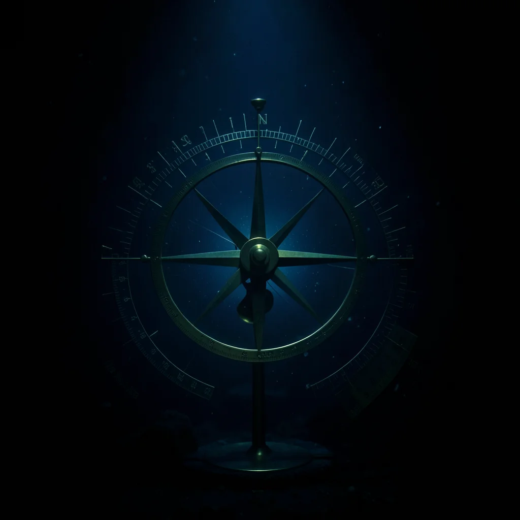 Sextant arc and vernier scale, brass instrument against dark background