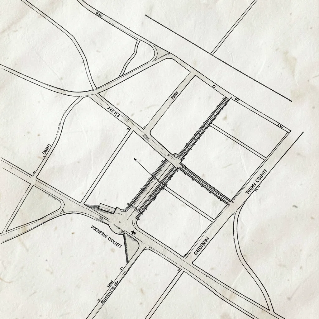 industrial park map with parcel lines, rail spur, truck courts, entrance gate