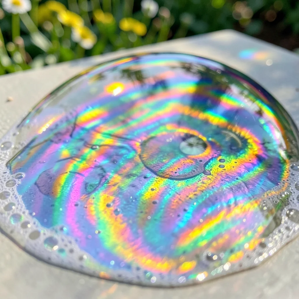 Soap bubble reflecting spring garden, thin-film interference colors