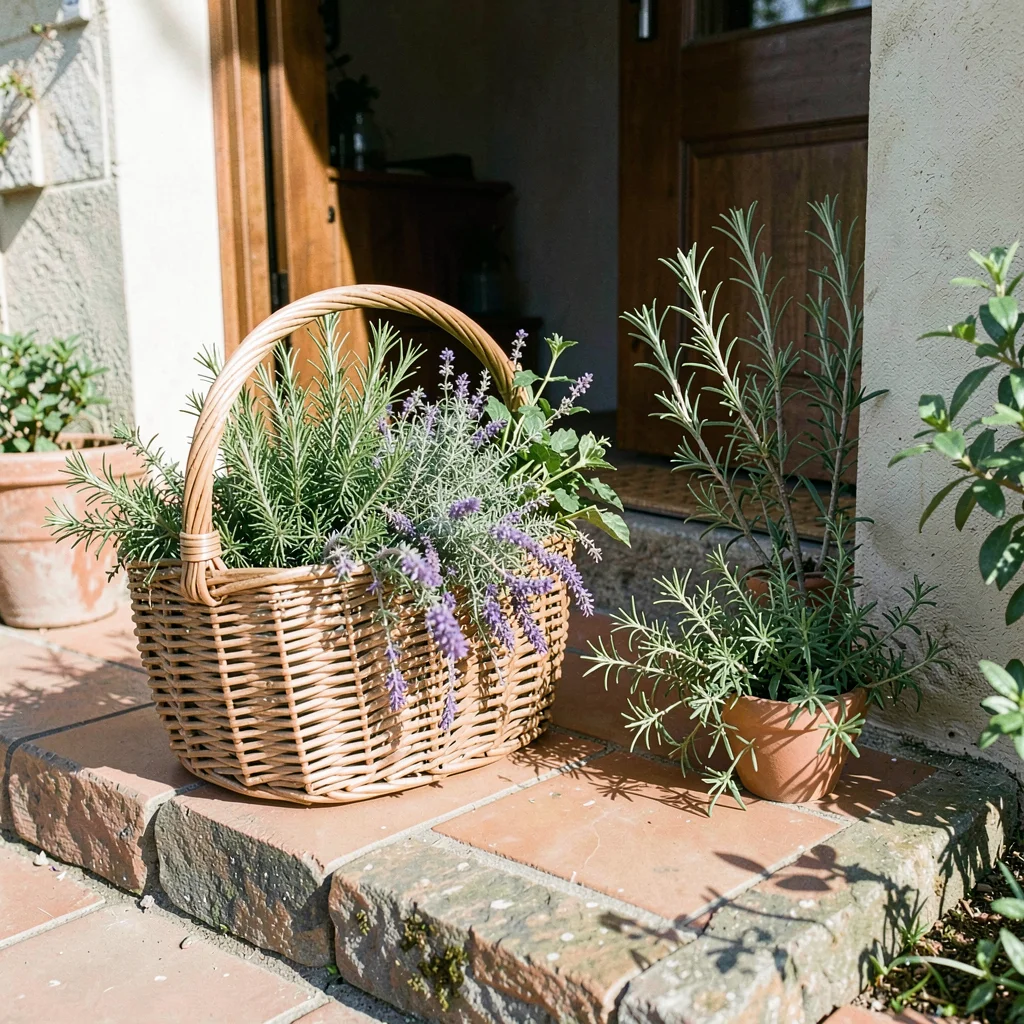 Fresh Alpine atmosphere, gentle pastoral quality, Wicker basket of freshly picke