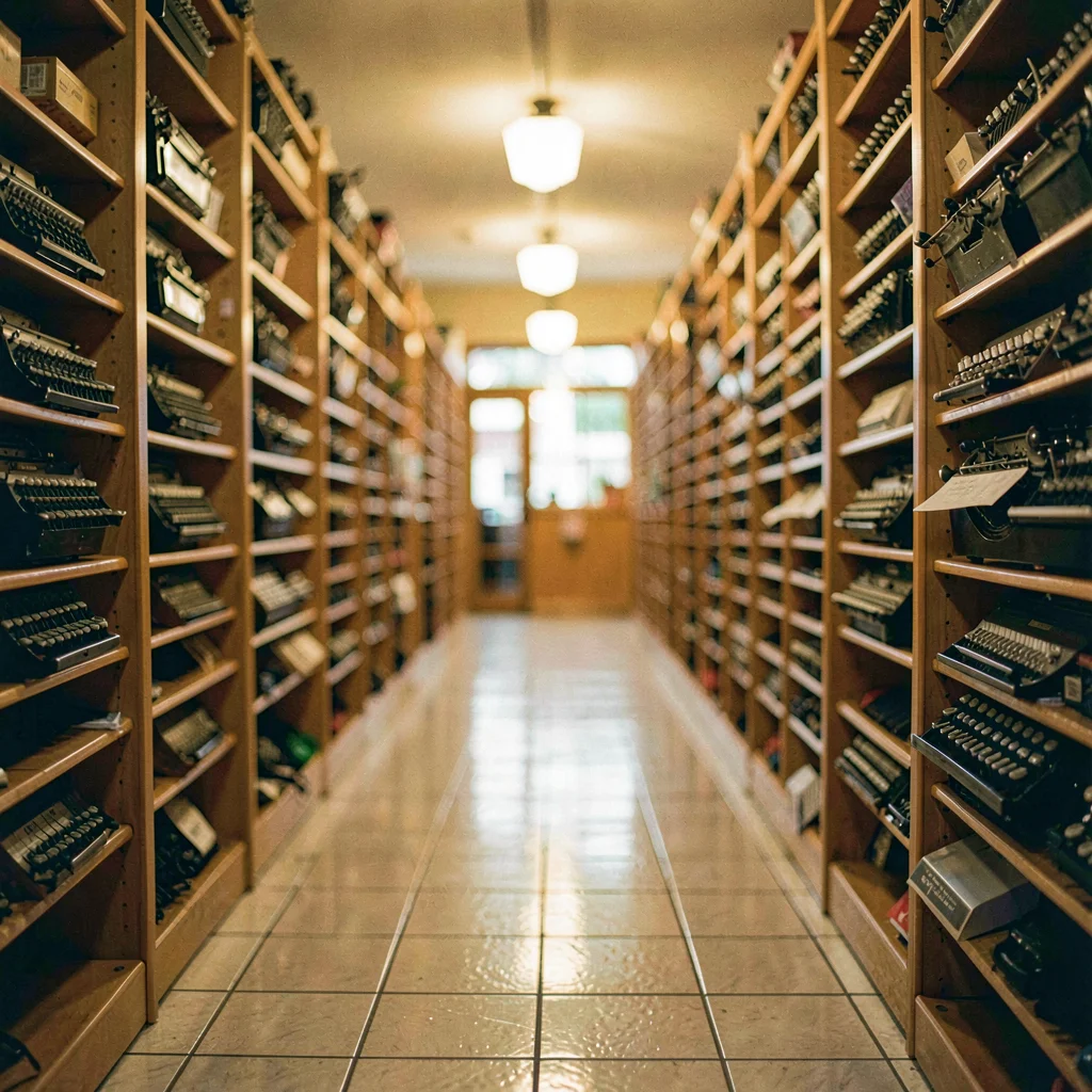 Long shop aisle of typewriter shelves blurring into golden bokeh, tile floor cat