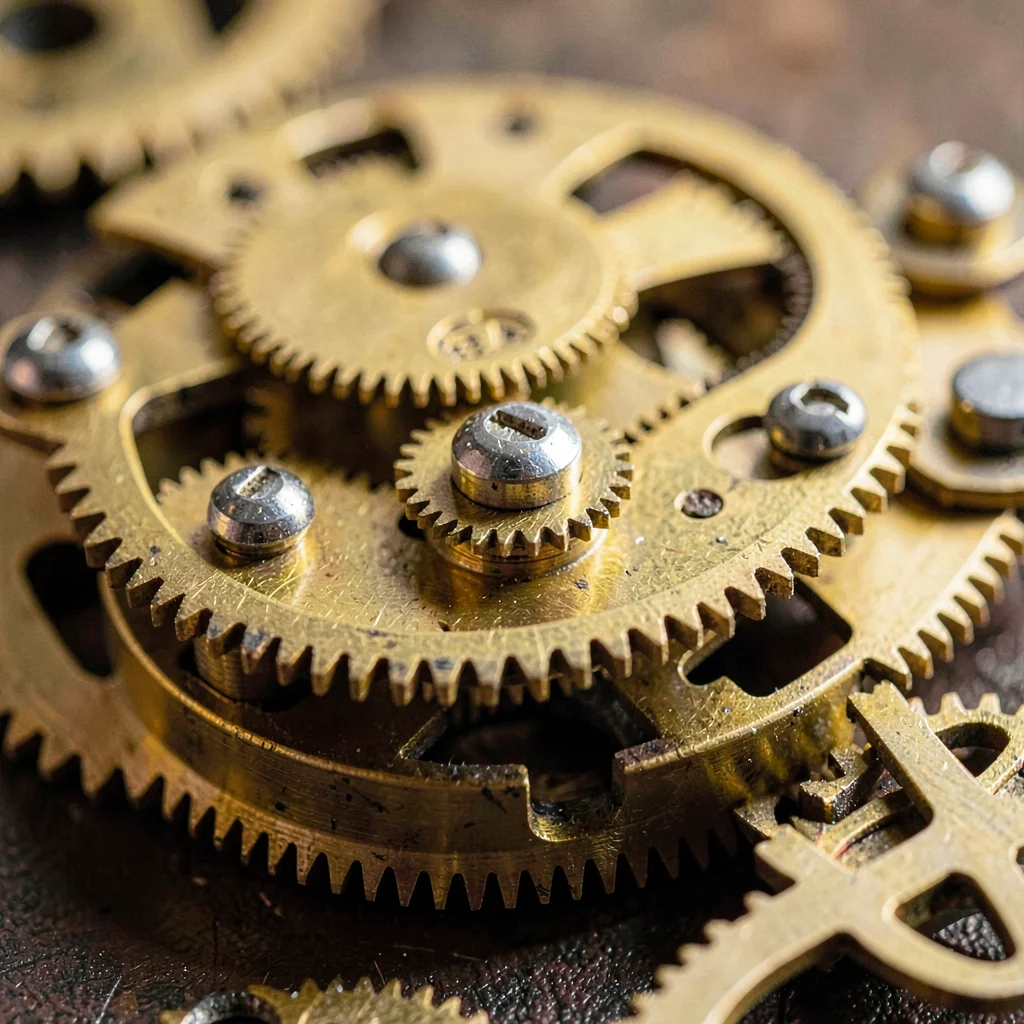 Macro of an exposed clock movement, brass gears stacked, jeweled pivots glinting