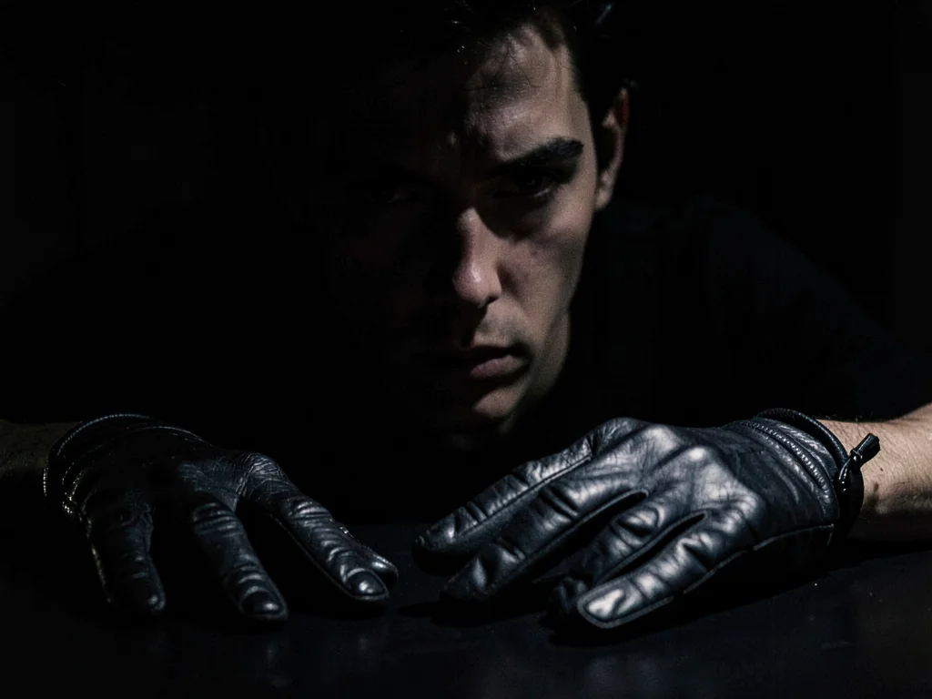 Leather gloves on dark surface