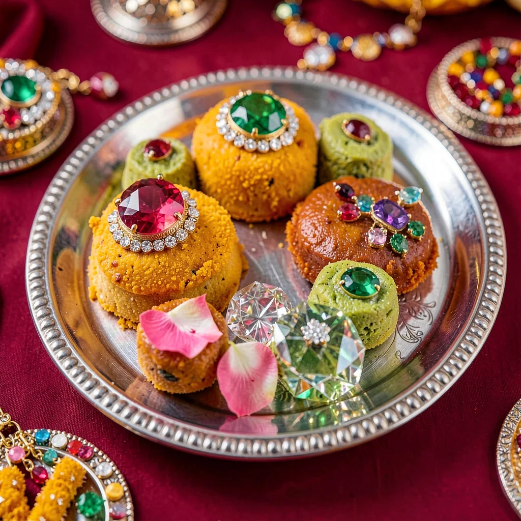 Through the Jaipur gem cutter's eye, faceted light, Mithai sweets arranged on a 