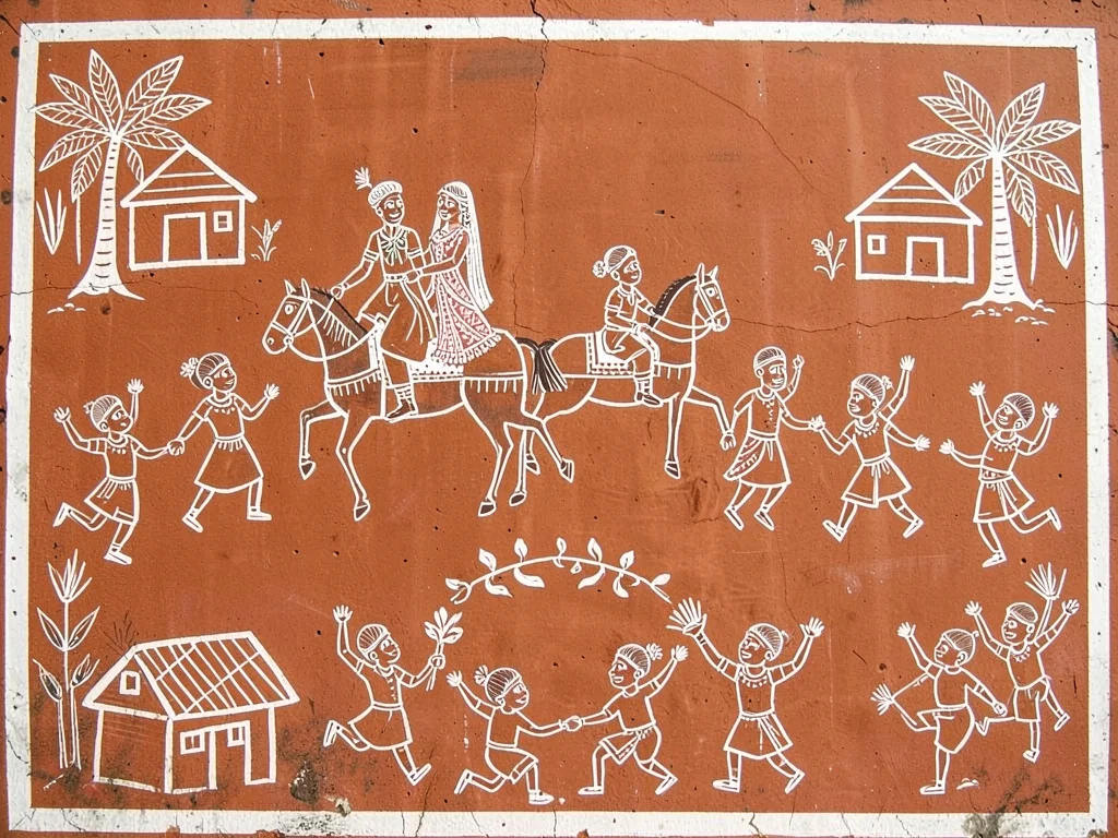 Wedding procession — bride and groom on horseback with dancing figures alongside