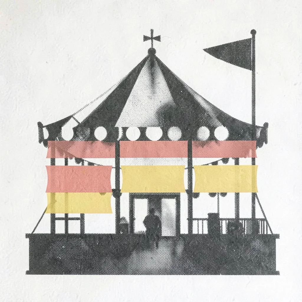 abstract halftone-banded carnival-pavilion silhouette stacked horizontally with 
