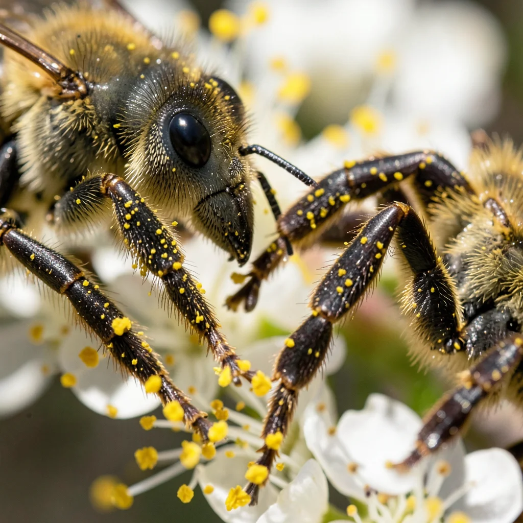 Bee legs covered in yellow pollen visiting spring blossom, sharp macro