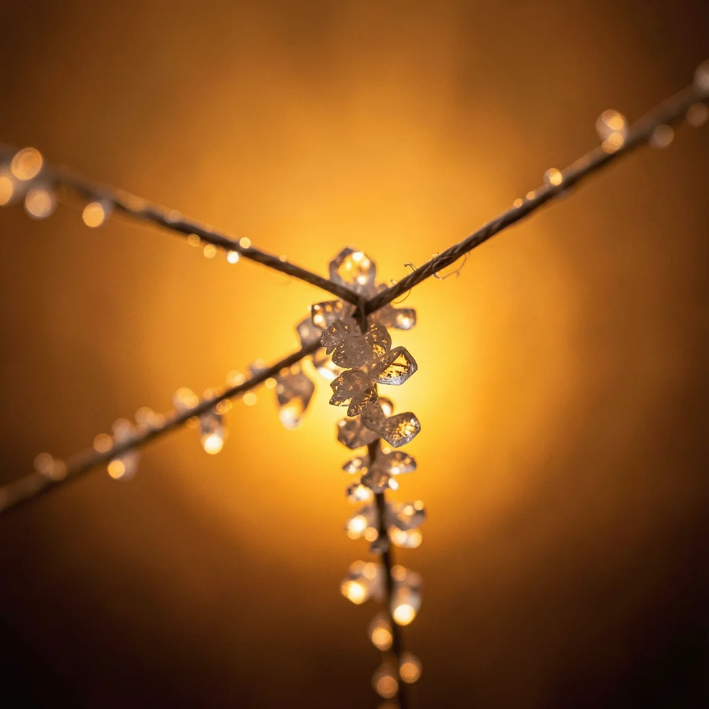 Sugar crystals growing on string, macro photography, warm amber backlight