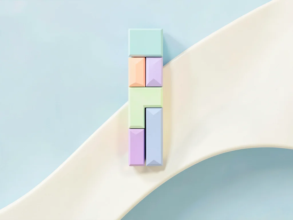 Striped sky-blue lowpoly xylophone with chunky pastel bars in mint, peach, laven