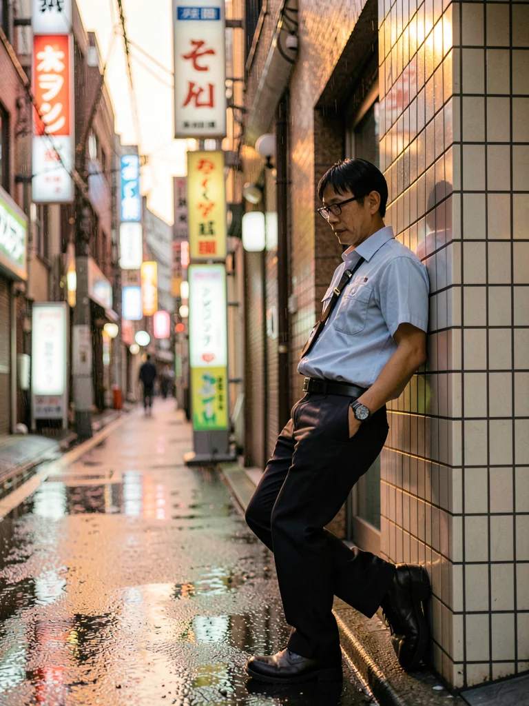 Shift worker in convenience store uniform taking a break in an alley, leaning ag
