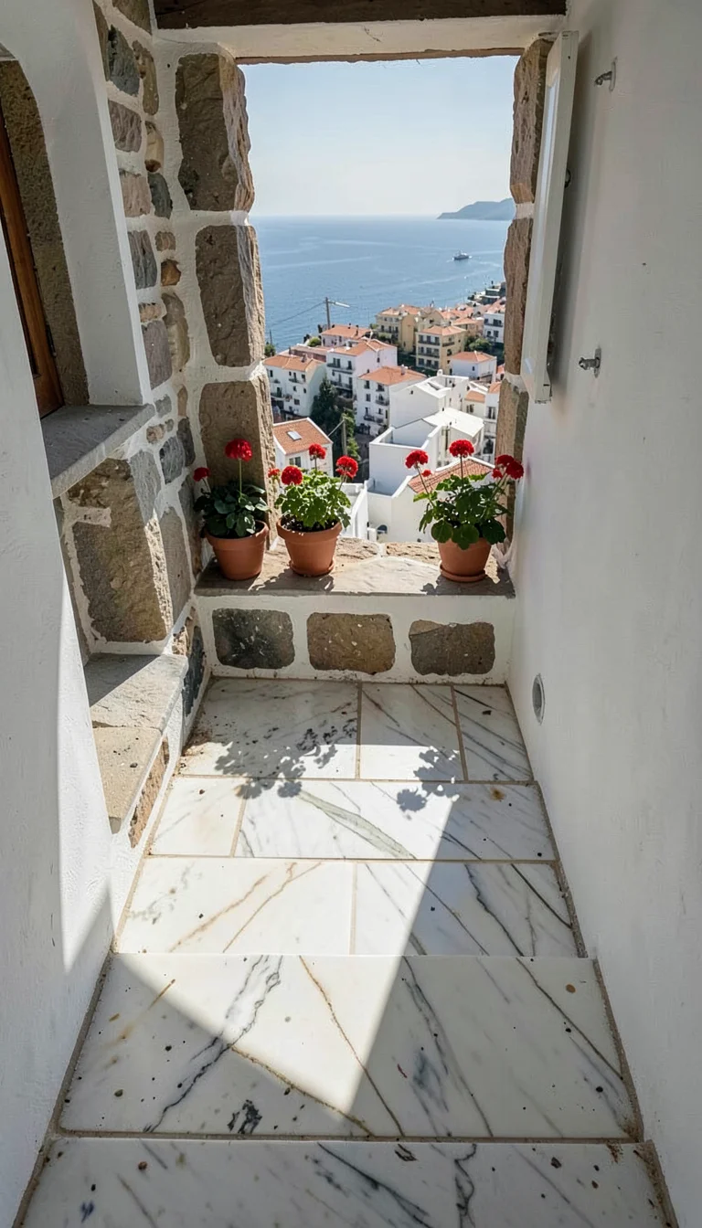 Warm encaustic painting studio on a Greek island, intimate and close, Mediterran