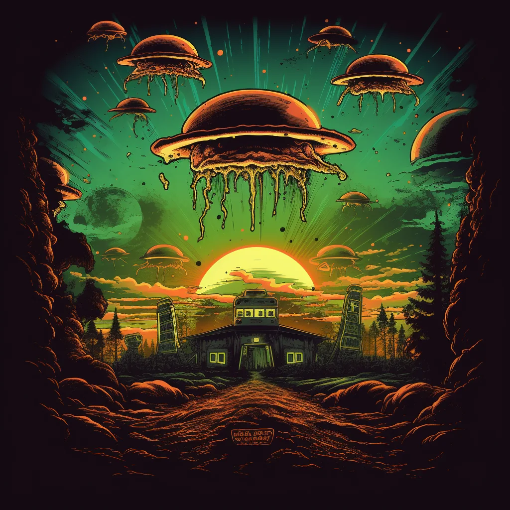 Black t-shirt print detail packed UFOs in drive at Mc