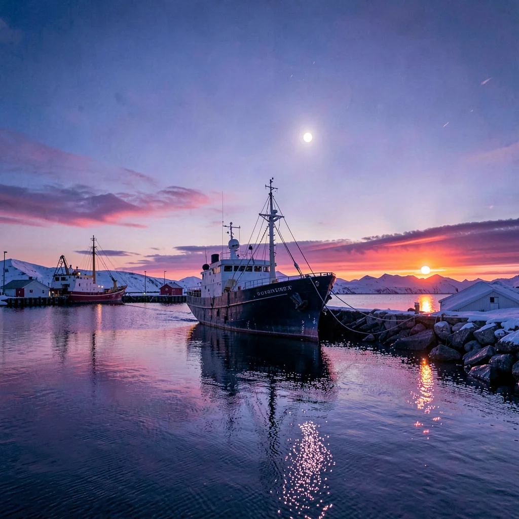 Polar liminal light, extended blue hours, A fishing boat returning to harbor in 