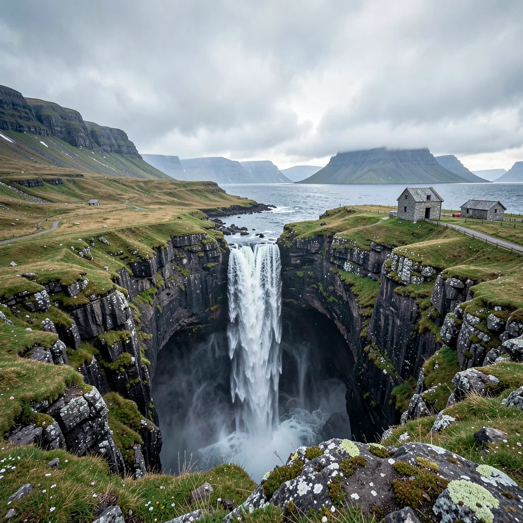 Icelandic isolation, Westfjords remoteness, Waterfall plunging into empty gorge,