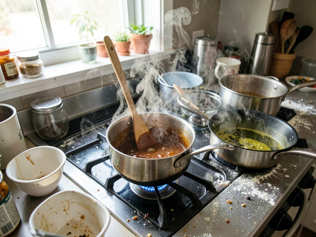 Wooden spoon upright in thick reducing sauce