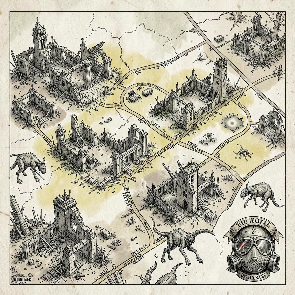 A post-apocalyptic wasteland map with crumbled city ruins in fine ink, irradiate