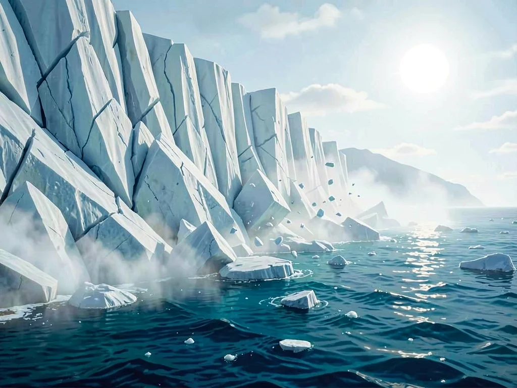 Vast wall of fractured glacier ice meets the sea in mid-collapse, chunks tumblin