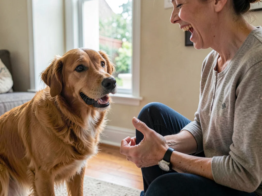 Dog greeting owner who came home early, both faces showing equal excitement