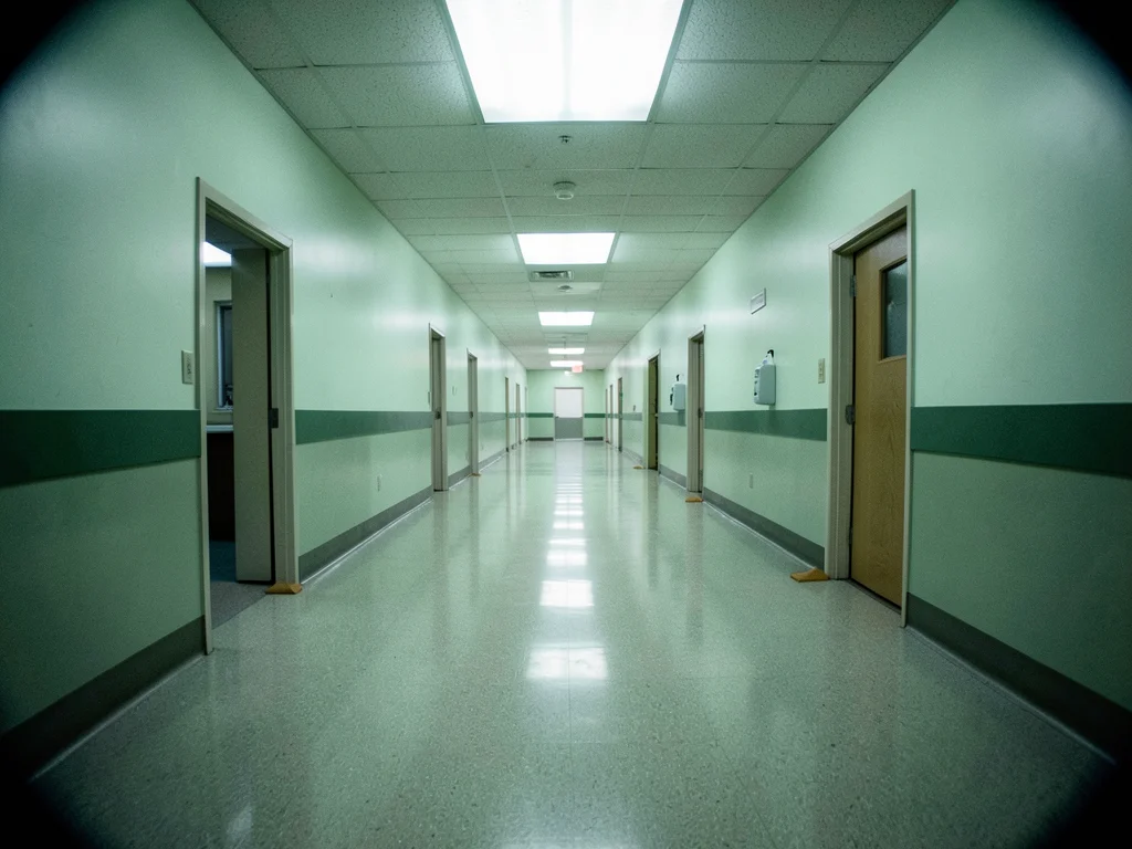 A hospital connecting corridor between two wings, pale mint walls with a darker 