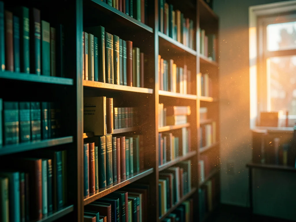 Librarian shelving books, dust motes in evening light, knowledge as adventure