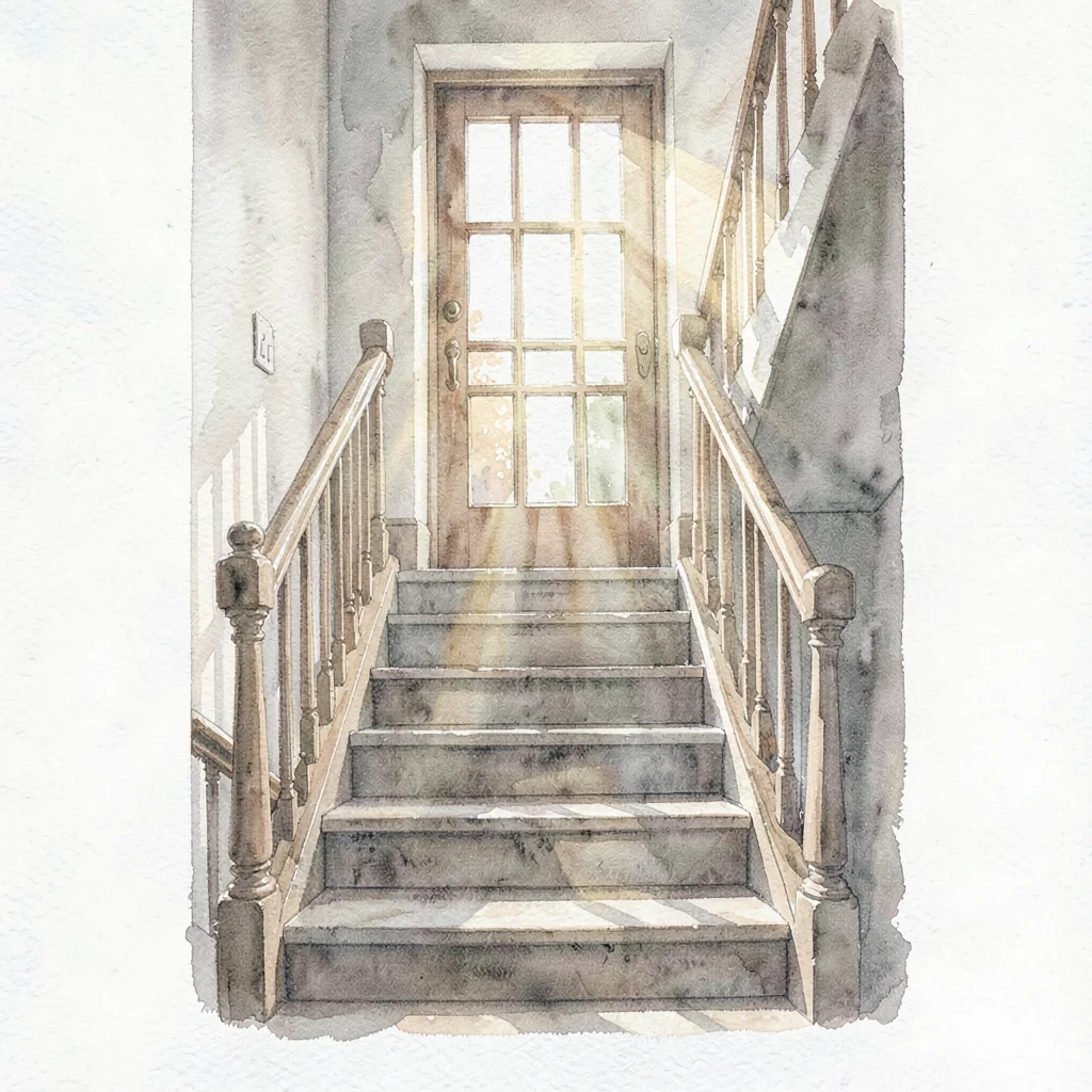 Vertical watercolor of a staircase with morning light falling on the studio entr