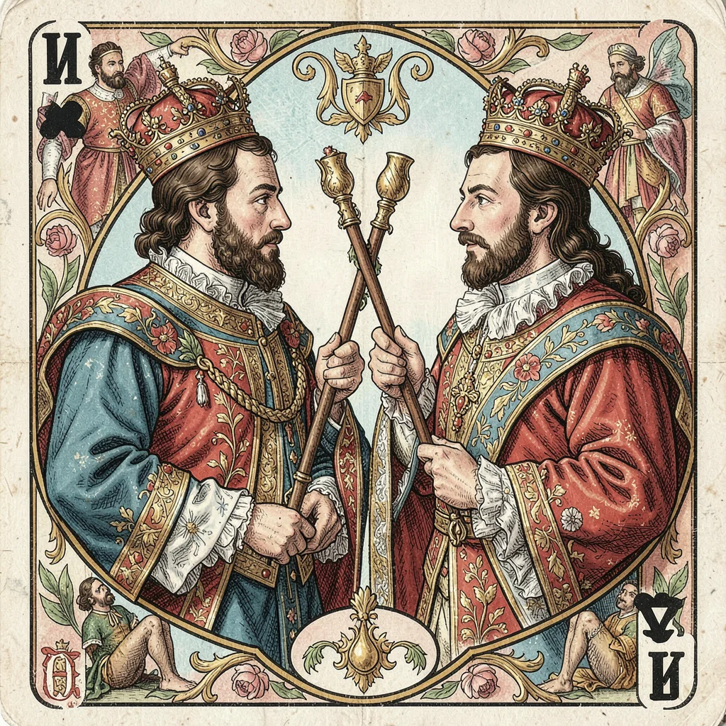 Playing card face illustration, Royal couple facing each other across card cente