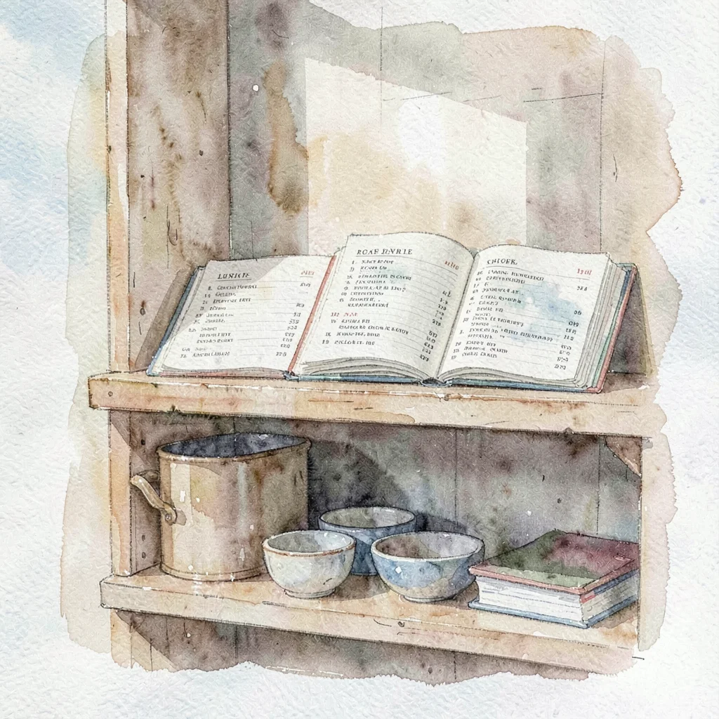 Painterly interior of a kitchen pantry with open recipe ledgers on a high shelf