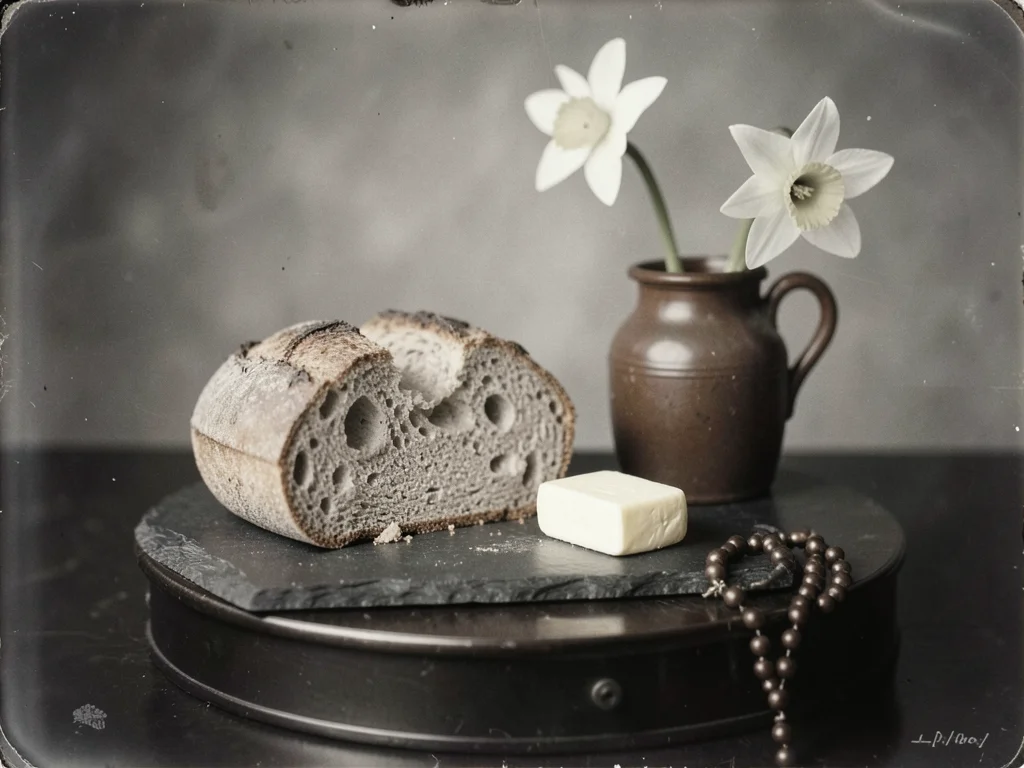 A soda bread loaf torn in half on a slate board beside a pat of butter, a single