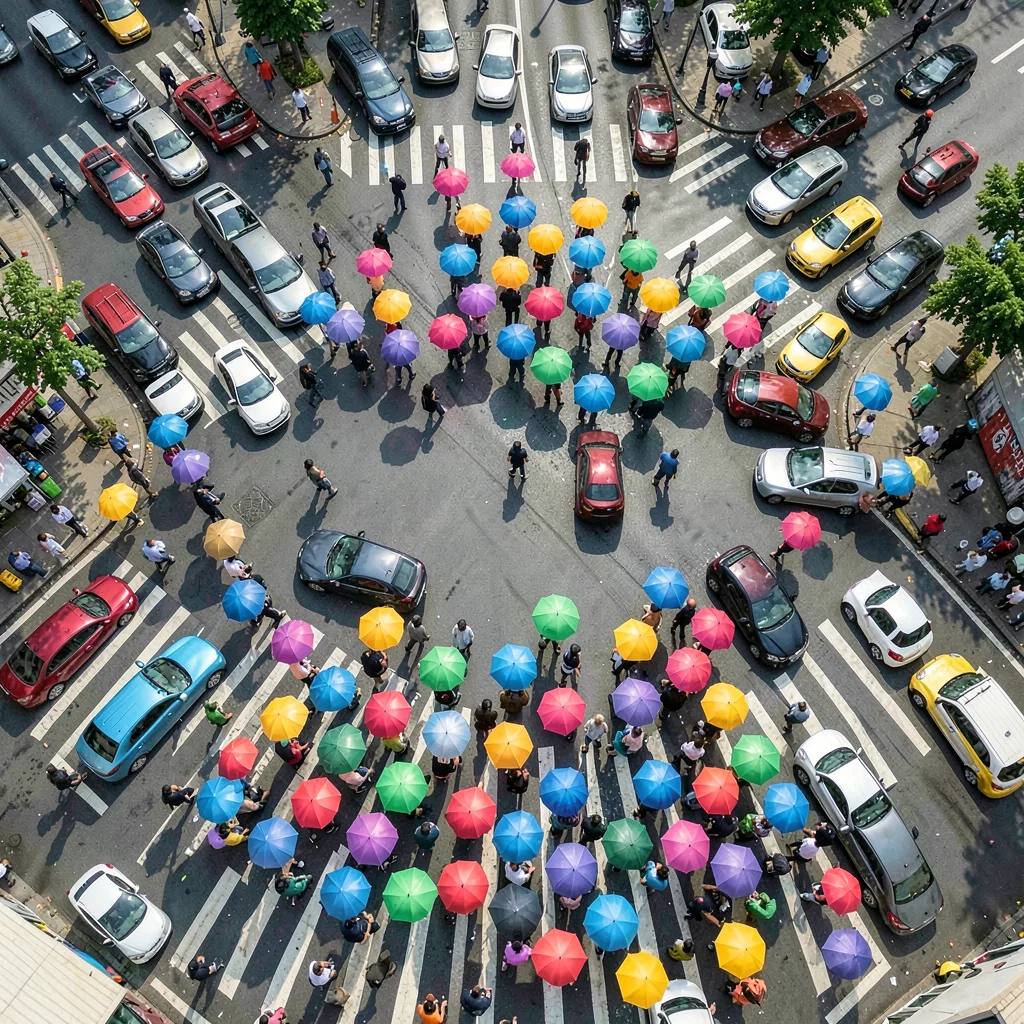 Rush hour intersection from above, umbrellas becoming blooms of color